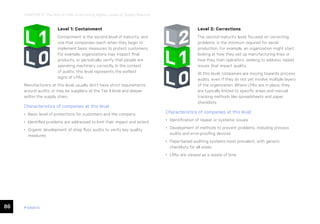 86 ease.io
CHAPTER 17: The Role of LPAs in Achieving Higher Levels of Quality Maturity
Level 1: Containment
Containment is the second level of maturity, and
one that companies reach when they begin to
implement basic measures to protect customers.
For example, organizations may inspect final
products, or periodically verify that people are
operating machinery correctly. In the context
of audits, this level represents the earliest
signs of LPAs.
Manufacturers at this level usually don’t have strict requirements
around audits, or may be suppliers at the Tier II level and deeper
within the supply chain.
Characteristics of companies at this level:
• Basic level of protections for customers and the company
• Identified problems are addressed to limit their impact and extent
• Organic development of shop floor audits to verify key quality
measures
Level 2: Corrections
The second maturity level, focused on correcting
problems, is the minimum required for serial
production. For example, an organization might start
looking at how they set up manufacturing lines or
how they train operators, seeking to address repeat
issues that impact quality.
At this level, companies are moving towards process
audits, even if they do not yet involve multiple layers
of the organization. Where LPAs are in place, they
are typically limited to specific areas and manual
tracking methods like spreadsheets and paper
checklists.
Characteristics of companies at this level:
• Identification of repeat or systemic issues
• Development of methods to prevent problems, including process
audits and error-proofing devices
• Paper-based auditing systems most prevalent, with generic
checklists for all areas
• LPAs are viewed as a waste of time
 