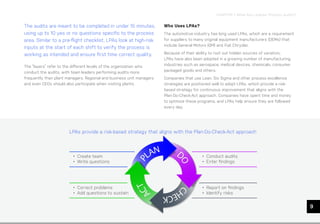 CHAPTER 1: What Are Layered Process Audits?
9
The audits are meant to be completed in under 15 minutes,
using up to 10 yes or no questions specific to the process
area. Similar to a pre-flight checklist, LPAs look at high-risk
inputs at the start of each shift to verify the process is
working as intended and ensure first time correct quality.
The “layers” refer to the different levels of the organization who
conduct the audits, with team leaders performing audits more
frequently than plant managers. Regional and business unit managers
and even CEOs should also participate when visiting plants.
Who Uses LPAs?
The automotive industry has long used LPAs, which are a requirement
for suppliers to many original equipment manufacturers (OEMs) that
include General Motors (GM) and Fiat Chrysler.
Because of their ability to root out hidden sources of variation,
LPAs have also been adopted in a growing number of manufacturing
industries such as aerospace, medical devices, chemicals, consumer
packaged goods and others.
Companies that use Lean, Six Sigma and other process excellence
strategies are positioned well to adopt LPAs, which provide a risk-
based strategy for continuous improvement that aligns with the
Plan-Do-Check-Act approach. Companies have spent time and money
to optimize these programs, and LPAs help ensure they are followed
every day.
• Create team
• Write questions
• Correct problems
• Add questions to sustain
• Conduct audits
• Enter findings
• Report on findings
• Identify risks
LPAs provide a risk-based strategy that aligns with the Plan-Do-Check-Act approach
 