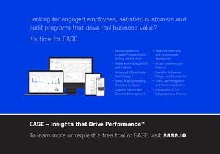 91
ease.io
CHAPTER #: Chapter Title
EASE – Insights that Drive Performance™
To learn more or request a free trial of EASE visit ease.io
Looking for engaged employees, satisfied customers and
audit programs that drive real business value?
It’s time for EASE.
• Native Support for
Layered Process Audits,
Safety, 5S and More
• Mobile Auditing Apps (iOS
and Android)
• Advanced Offline Mobile
Audit Support
• Smart Audit Scheduling
(Including by Layer)
• Question Library and
Document Management
• Real-time Reporting
and Customizable
Dashboards
• Attach and Annotate
Pictures
• Question Reference
Images and Documents
• Track Open Mitigations
and Corrective Actions
• Localization in 20+
Languages and Growing
 