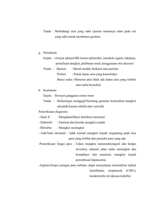 Tanda : Melindungi area yang sakit (pasien umumnya tidur pada sisi
yang sakit untuk membatasi gerakan.

g. Pernafasan
Gejala : riwayat adanya/ISK kronis (pleuritik), merokok sigaret, takipnea,
pernafasan dangkal, pelebaran nasal, penggunaan otot aksesori.
Tanda : Sputum
Perfusi

: Merah mudah, berkarat atau purulen
: Pekak diatas area yang konsolidasi

Bunyi nafas: Menurun atau tidak ada diatas area yang terlibat
atau nafas bronchial
h. Keamanan
Gejala : Riwayat gangguan sistem imun
Tanda : Berkeringat, menggigil berulang, gemetar, kemerahan mungkin
ada pada kasusu rubella atau varicella
Pemeriksaan diagnostic
- Sinar X

: Mengidentifikasi distribusi structural

- Elektrolit

: Natrium dan klorida mungkin rendah

- Bilirubin

: Mungkin meningkat

- Gda/Nadi oksimetri : tidak normal mungkin terjadi, tergantung pada luas
paru yang terlibat dan penyakit paru yang ada
-Pemeriksaan fungsi paru ; Udara mungkin menurun(kongesti dan kolaps
alveolar), tekanan jalan nafas meningkat dan
komplikasi lain menurun, mungkin terjadi
perembesan hipoksemia.
-Aspirasi/biopsi jaringan paru terbuka; dapat menyatakan intranuklear tipikal
keterlibatan

sitoplasmik

(CMU),

karakteristik sel raksasa (rubella)

 