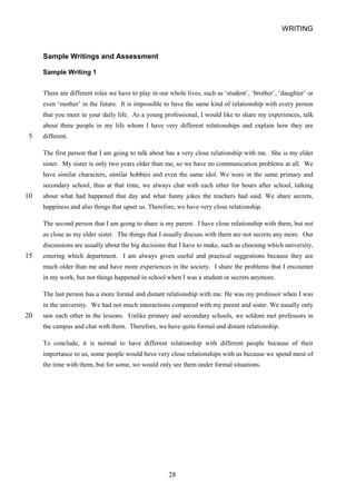 WRITING 
Sample Writings and Assessment 
Sample Writing 1 
There are different roles we have to play in our whole lives, such as ‘student’, ‘brother’, ‘daughter’ or even ‘mother’ in the future. It is impossible to have the same kind of relationship with every person that you meet in your daily life. As a young professional, I would like to share my experiences, talk about three people in my life whom I have very different relationships and explain how they are 
5 different. 
The first person that I am going to talk about has a very close relationship with me. She is my elder sister. My sister is only two years older than me, so we have no communication problems at all. We have similar characters, similar hobbies and even the same idol. We were in the same primary and secondary school, thus at that time, we always chat with each other for hours after school, talking 
10 
about what had happened that day and what funny jokes the teachers had said. We share secrets, happiness and also things that upset us. Therefore, we have very close relationship. 
The second person that I am going to share is my parent. I have close relationship with them, but not as close as my elder sister. The things that I usually discuss with them are not secrets any more. Our discussions are usually about the big decisions that I have to make, such as choosing which university, 
15 
entering which department. I am always given useful and practical suggestions because they are much older than me and have more experiences in the society. I share the problems that I encounter in my work, but not things happened in school when I was a student or secrets anymore. 
The last person has a more formal and distant relationship with me. He was my professor when I was in the university. We had not much interactions compared with my parent and sister. We usually only 
20 
saw each other in the lessons. Unlike primary and secondary schools, we seldom met professors in the campus and chat with them. Therefore, we have quite formal and distant relationship. 
To conclude, it is normal to have different relationship with different people because of their importance to us, some people would have very close relationships with us because we spend most of the time with them, but for some, we would only see them under formal situations. 
28 
 