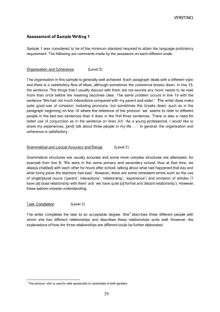 WRITING 
Assessment of Sample Writing 1 
Sample 1 was considered to be of the minimum standard required to attain the language proficiency requirement. The following are comments made by the assessors on each different scale: 
Organisation and Coherence (Level 3) 
The organisation in this sample is generally well achieved. Each paragraph deals with a different topic and there is a satisfactory flow of ideas, although sometimes the coherence breaks down. In line 13, the sentence ‘The things that I usually discuss with them are not secrets any more’ needs to be read more than once before the meaning becomes clear. The same problem occurs in line 19 with the sentence ‘We had not much interactions compared with my parent and sister.’ The writer does make quite good use of cohesion, including pronouns, but sometimes this breaks down, such as in the paragraph beginning on line 18 where the reference of the pronoun ‘we’ seems to refer to different people in the last two sentences than it does in the first three sentences. There is also a need for better use of conjunction as in the sentence on lines 35: ‘As a young professional, I would like to share my experiences, [and] talk about three people in my life …’. In general, the organisation and coherence is satisfactory. 
Grammatical and Lexical Accuracy and Range (Level 3) 
Grammatical structures are usually accurate and some more complex structures are attempted, for example from line 8: ‘We were in the same primary and secondary school, thus at that time, we always chat[ted] with each other for hours after school, talking about what had happened that day and what funny jokes the teachers had said’. However, there are some consistent errors such as the use of single/plural nouns (‘parent’, interactions’, ‘relationship’, ‘experience’) and omission of articles (‘I have [a] close relationship with them’ and ‘we have quite [a] formal and distant relationship’). However, these seldom impede understanding. 
Task Completion (Level 3) 
The writer completes the task to an acceptable degree. She3 describes three different people with whom she has different relationships and describes these relationships quite well. However, the explanations of how the three relationships are different could be further elaborated. 
3 The pronoun ‘she’ is used to refer generically to candidates of both genders. 29 
 