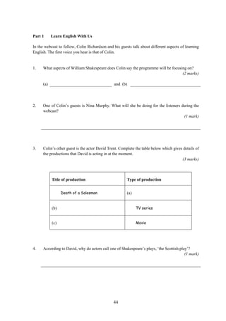 Part 1 Learn English With Us 
In the webcast to follow, Colin Richardson and his guests talk about different aspects of learning English. The first voice you hear is that of Colin. 
1. 
What aspects of William Shakespeare does Colin say the programme will be focusing on? 
(2 marks) 
(a) 
and (b) 
2. 
One of Colin’s guests is Nina Murphy. What will she be doing for the listeners during the webcast? 
(1 mark) 
3. 
Colin’s other guest is the actor David Trent. Complete the table below which gives details of the productions that David is acting in at the moment. 
(3 marks) 
Title of production 
Type of production 
Death of a Salesman 
(a) 
(b) 
TV series 
(c) 
Movie 
4. 
According to David, why do actors call one of Shakespeare’s plays, ‘the Scottish play’? 
(1 mark) 44 
 