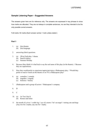 LISTENING 
Sample Listening Paper – Suggested Answers 
The answers given here are for reference only. The answers are expressed in key phrases to show how marks are allocated. They are not always in complete sentences, nor are they intended to be the only possible correct answers. 
Full marks: 64 marks (Each answer carries 1 mark unless stated.) 
Part 1 
1. 
(a) (his) theatre 
(b) 
(his) language 
2. 
answering (their) questions. 
3. 
(a) (West End) play // drama 
(b) 
Hard Evidence 
(c) 
Summer Holiday 
4. 
Because (they think) it is bad luck to say the real name of this play (in the theatre). // Because they are superstitious. 
5. 
How they would prefer to experience/appreciate/enjoy a Shakespeare play. // Would they 
prefer to read or watch (at the theatre or on TV) a Shakespeare play? 
6. 
(a) comedies // comedy 
(b) 
tragedies // tragedy 
(c) 
histories // history 
7. 
(Shakespeare and a group of) actors // Shakespeare’s company 
8. 
D 
9. 
C 
10. 
(a) As You Like It 
(b) 
Romeo and Juliet 
11 
the mouth of a river // a table leg // eye of a storm // he’s an angel // raining cats and dogs 
[Any two for 2 marks; any one for 1 mark] 
65 
 