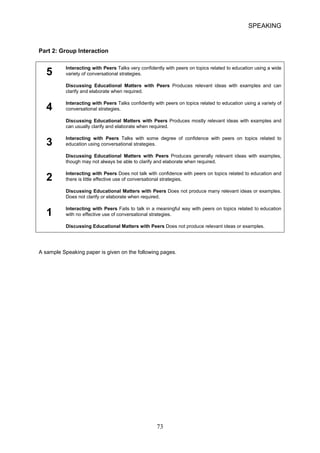 5 
SPEAKING 
Part 2: Group Interaction 
Interacting with Peers Talks very confidently with peers on topics related to education using a wide variety of conversational strategies. 
Discussing Educational Matters with Peers Produces relevant ideas with examples and can clarify and elaborate when required. 
Interacting with Peers Talks confidently with peers on topics related to education using a variety of 
4 conversational strategies. 
Discussing Educational Matters with Peers Produces mostly relevant ideas with examples and can usually clarify and elaborate when required. Interacting with Peers Talks with some degree of confidence with peers on topics related to 
3 education using conversational strategies. 
Discussing Educational Matters with Peers Produces generally relevant ideas with examples, 
though may not always be able to clarify and elaborate when required. 
Interacting with Peers Does not talk with confidence with peers on topics related to education and 
2 there is little effective use of conversational strategies. 
Discussing Educational Matters with Peers Does not produce many relevant ideas or examples. 
Does not clarify or elaborate when required. 
Interacting with Peers Fails to talk in a meaningful way with peers on topics related to education 
1 with no effective use of conversational strategies. 
Discussing Educational Matters with Peers Does not produce relevant ideas or examples. 
A sample Speaking paper is given on the following pages. 73 
 