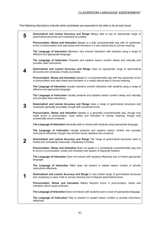 5 
CLASSROOM LANGUAGE ASSESSMENT 
The following descriptors indicate what candidates are expected to be able to do at each level. 
Grammatical and Lexical Accuracy and Range Always able to use an appropriate range of grammatical structures and vocabulary accurately. 
Pronunciation, Stress and Intonation Speaks in a fully comprehensible way with no systematic errors in pronunciation and uses stress and intonation in a very natural way to convey meaning. 
The Language of Interaction Maintains very smooth interaction with students using a range of effective and appropriate language. 
The Language of Instruction Presents and explains lesson content clearly and naturally and provides clear instructions. 
Grammatical and Lexical Accuracy and Range Uses an appropriate range of grammatical 
4 structures and vocabulary mostly accurately. 
Pronunciation, Stress and Intonation Speaks in a comprehensible way with few systematic errors in pronunciation and uses stress and intonation in a mostly natural way to convey meaning. The Language of Interaction Usually maintains smooth interaction with students using a range of 
effective and appropriate language. 
The Language of Instruction Usually presents and explains lesson content clearly and naturally and provides clear instructions. Grammatical and Lexical Accuracy and Range Uses a range of grammatical structures and 
3 vocabulary generally accurately, though with occasional errors. 
Pronunciation, Stress and Intonation Speaks in a generally comprehensible way, though may 
make errors in pronunciation. Uses stress and intonation to convey meaning, though may 
occasionally sound unnatural. 
The Language of Interaction Generally able to interact with students using appropriate language. 
The Language of Instruction Usually presents and explains lesson content and provides 
instructions effectively, though may at times sound repetitive and unnatural. 
Grammatical and Lexical Accuracy and Range The range of grammatical structures used is 
2 limited and consistently inaccurate. Vocabulary is limited. 
Pronunciation, Stress and Intonation Does not speak in a consistently comprehensible way due to errors in pronunciation, stress and intonation and speech is frequently hesitant. The Language of Interaction Does not interact with students effectively due to limited appropriate 
language. 
The Language of Instruction Often does not present or explain lesson content or provide instructions effectively. Grammatical and Lexical Accuracy and Range A very limited range of grammatical structures 
1 and vocabulary is used. Fails to convey meaning due to frequent grammatical errors. 
Pronunciation, Stress and Intonation Makes frequent errors in pronunciation, stress and 
intonation which cause confusion. 
The Language of Interaction Does not interact with students due to a lack of appropriate language. 
The Language of Instruction Fails to present or explain lesson content or provide instructions 
effectively. 
81 
 