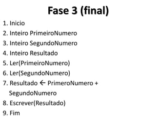 1. Inicio 
2. Inteiro PrimeiroNumero 
3. Inteiro SegundoNumero 
4. Inteiro Resultado 
5. Ler(PrimeiroNumero) 
6. Ler(SegundoNumero) 
7. Resultado  PrimeroNumero + 
SegundoNumero 
8. Escrever(Resultado) 
9. Fim 
Fase 3 (final)  