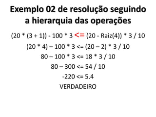 Exemplo 02 de resolução seguindo a hierarquia das operações 
(20 * (3 + 1)) - 100 * 3 <= (20 - Raiz(4)) * 3 / 10 
(20 * 4) – 100 * 3 <= (20 – 2) * 3 / 10 
80 – 100 * 3 <= 18 * 3 / 10 
80 – 300 <= 54 / 10 
-220 <= 5.4 
VERDADEIRO 
 