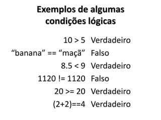 Exemplos de algumas condições lógicas 
10 > 5 
“banana” == “maçã” 
8.5 < 9 
1120 != 1120 
20 >= 20 
(2+2)==4 
Verdadeiro 
Falso 
Verdadeiro 
Falso 
Verdadeiro 
Verdadeiro 
 