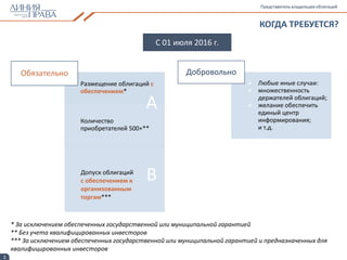 2
КОГДА ТРЕБУЕТСЯ?
Представитель владельцев облигаций
Размещение облигаций с
обеспечением*
Количество
приобретателей 500+**
Допуск облигаций
с обеспечением к
организованным
торгам***
Обязательно
 Любые иные случаи:
 множественность
держателей облигаций;
 желание обеспечить
единый центр
информирования;
и т.д.
Добровольно
* За исключением обеспеченных государственной или муниципальной гарантией
** Без учета квалифицированных инвесторов
*** За исключением обеспеченных государственной или муниципальной гарантией и предназначенных для
квалифицированных инвесторов
А
B
C 01 июля 2016 г.
 