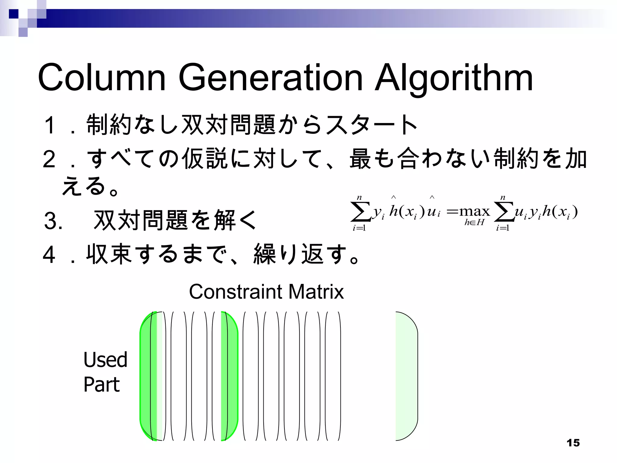 Column Generation Algorithm １．制約なし双対問題からスタート ２．すべての仮説に対して、最も合わない制約を加える。 3. 　双対問題を解く ４．収束するまで、繰り返す。 Constraint Matrix Used Part 
