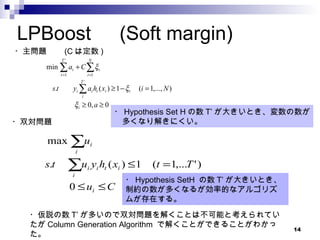 LPBoost 　 (Soft margin) ・主問題　　 (C は定数 ) ・双対問題 ・ Hypothesis Set H の数 T’ が大きいとき、変数の数が 　多くなり解きにくい。 ・ Hypothesis SetH  の数 T’ が大きいとき、 制約の数が多くなるが効率的なアルゴリズムが存在する。 ・仮説の数 T’ が多いので双対問題を解くことは不可能と考えられていたが Column Generation Algorithm  で解くことができることがわかった。 