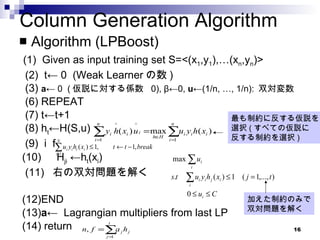 Column Generation Algorithm Algorithm (LPBoost) (1)  Given as input training set S=<(x 1 ,y 1 ),…(x n ,y n )> (2)  t← 0  (Weak Learner の数 ) (3)  a ← 0  ( 仮説に対する係数  0), β←0,  u ←(1/n, …, 1/n):  双対変数 (6) REPEAT (7) t←t+1 (8) h t ←H(S,u)  (9)  i ｆ (10) 　 H ji  ←h t (x i ) (11)  右の双対問題を解く (12)END (13) a ←  Lagrangian multipliers from last LP (14) return  最も制約に反する仮説を 選択 ( すべての仮説に 反する制約を選択 ) 加えた制約のみで 双対問題を解く 