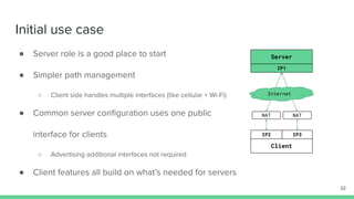 Initial use case
● Server role is a good place to start
● Simpler path management
○ Client side handles multiple interfaces (like cellular + Wi-Fi)
● Common server conﬁguration uses one public
interface for clients
○ Advertising additional interfaces not required
● Client features all build on what’s needed for servers
32
Server
IP1
Client
IP2 IP3
NAT NAT
Internet
 