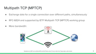 Multipath TCP (MPTCP)
● Exchange data for a single connection over diﬀerent paths, simultaneously
● RFC-6824 and supported by IETF Multipath TCP (MPTCP) working group
● More bandwidth:
5Smartphone and WiFi icons by Blurred203 and Antü Plasma under CC-by-sa, others from Tango project, public domain
 