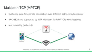 Multipath TCP (MPTCP)
● Exchange data for a single connection over diﬀerent paths, simultaneously
● RFC-6824 and supported by IETF Multipath TCP (MPTCP) working group
● More mobility (walk-out):
6Smartphone and WiFi icons by Blurred203 and Antü Plasma under CC-by-sa, others from Tango project, public domain
 