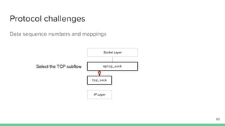 Protocol challenges
Data sequence numbers and mappings
mptcp_sock
tcp_sock
Socket Layer
IP Layer
60
Select the TCP subflow
 