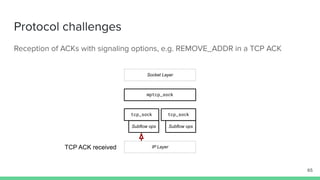 Protocol challenges
Reception of ACKs with signaling options, e.g. REMOVE_ADDR in a TCP ACK
mptcp_sock
tcp_sock tcp_sock
Socket Layer
IP Layer
Subflow ops Subflow ops
65
TCP ACK received
 
