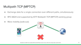 Multipath TCP (MPTCP)
● Exchange data for a single connection over diﬀerent paths, simultaneously
● RFC-6824 and supported by IETF Multipath TCP (MPTCP) working group
● More mobility (walk-out):
9Smartphone and WiFi icons by Blurred203 and Antü Plasma under CC-by-sa, others from Tango project, public domain
 