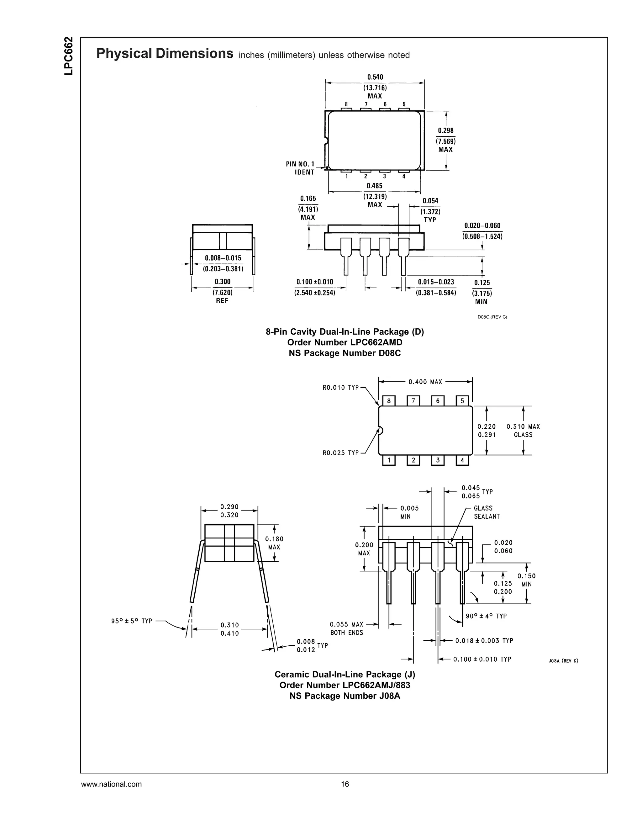 LPC662
            Physical Dimensions   inches (millimeters) unless otherwise noted




                                        8-Pin Cavity Dual-In-Line Package (D)
                                             Order Number LPC662AMD
                                             NS Package Number D08C




                                           Ceramic Dual-In-Line Package (J)
                                            Order Number LPC662AMJ/883
                                              NS Package Number J08A




         www.national.com                                  16
 