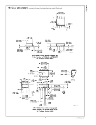LPC662
Physical Dimensions   inches (millimeters) unless otherwise noted (Continued)




                           8-Pin Small Outline Molded Package (M)
                           Order Number LPC662AIM or LPC662IM
                                  NS Package Number M08A




                           8-Pin Molded Dual-In-Line Package (N)
                           Order Number LPC662AIN or LPC662IN
                                 NS Package Number N08E




                                               17                               www.national.com
 