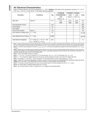 LPC662
            AC Electrical Characteristics
            Unless otherwise specified, all limits guaranteed for TJ = 25˚C. Boldface limits apply at the temperature extremes. V+ = 5V, V−
            = 0V, VCM = 1.5V, VO = 2.5V and RL > 1M unless otherwise specified.
                                                                                                                   LPC662AM               LPC662AI         LPC662I
                     Parameter                                   Conditions                          Typ        LPC662AMJ/883                Limit           Limit          Units
                                                                                                                       Limit                (Note 4)       (Note 4)
                                                                                                                   (Notes 4, 8)
          Slew Rate                                (Note 6)                                         0.11                0.07                  0.07            0.05           V/µs
                                                                                                                        0.04                  0.05            0.03           min
          Gain-Bandwidth Product                                                                    0.35                                                                     MHz
          Phase Margin                                                                                50                                                                     Deg
          Gain Margin                                                                                 17                                                                      dB
          Amp-to-Amp Isolation                     (Note 7)                                          130                                                                      dB
          Input Referred Voltage Noise             F = 1 kHz                                          42

          Input Referred Current Noise             F = 1 kHz                                      0.0002

          Total Harmonic Distortion                F = 1 kHz, AV = −10, V+ = 15V                    0.01                                                                      %
                                                   RL = 100 kΩ, VO = 8 VPP
            Note 1: Applies to both single supply and split supply operation. Continuous short circuit operation at elevated ambient temperature and/or multiple Op Amp shorts
            can result in exceeding the maximum allowed junction temperature of 150˚C. Output currents in excess of ± 30 mA over long term may adversely affect reliability.
            Note 2: The maximum power dissipation is a function of TJ(max), θJA, and TA. The maximum allowable power dissipation of any ambient temperature is PD = (TJ(max)
            − TA)/θJA.
            Note 3: Absolute Maximum Ratings indicate limits beyond which damage to the device may occur. Operating Ratings indicate conditions for which the device is
            intended to be functional, but do not guarantee specific performance limits. For guaranteed specifications and test conditions, see the Electrical Characteristics. The
            guaranteed specifications apply only for the test conditions listed.
            Note 4: Limits are guaranteed by testing or correlation.
            Note 5: V+ = 15V, VCM = 7.5V and RL connected to 7.5V. For Sourcing tests, 7.5V ≤ VO ≤ 11.5V. For Sinking tests, 2.5V ≤ VO ≤ 7.5V.
            Note 6: V+ = 15V. Connected as Voltage Follower with 10V step input. Number specified is the slower of the positive and negative slew rates.
            Note 7: Input referred. V+ = 15V and RL = 100 kΩ connected to V+/2. Each amp excited in turn with 1 kHz to produce VO = 13 VPP.
            Note 8: A military RETS electrical test specification is available on request. At the time of printing, the LPC662AMJ/883 RETS specification complied fully with the
            boldface limits in this column. The LPC662AMJ/883 may also be procured to a Standard Military Drawing specification.
            Note 9: For operating at elevated temperatures the device must be derated based on the thermal resistance θJA with PD = (TJ − TA)/θJA.
            Note 10: All numbers apply for packages soldered directly into a PC board.
            Note 11: Do not connect output to V+when V+ is greater than 13V or reliability may be adversely affected.




         www.national.com                                                                     4
 