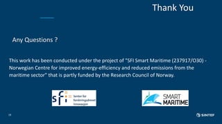 Thank You
Any Questions ?
This work has been conducted under the project of "SFI Smart Maritime (237917/O30) -
Norwegian Centre for improved energy-efficiency and reduced emissions from the
maritime sector" that is partly funded by the Research Council of Norway.
19
 