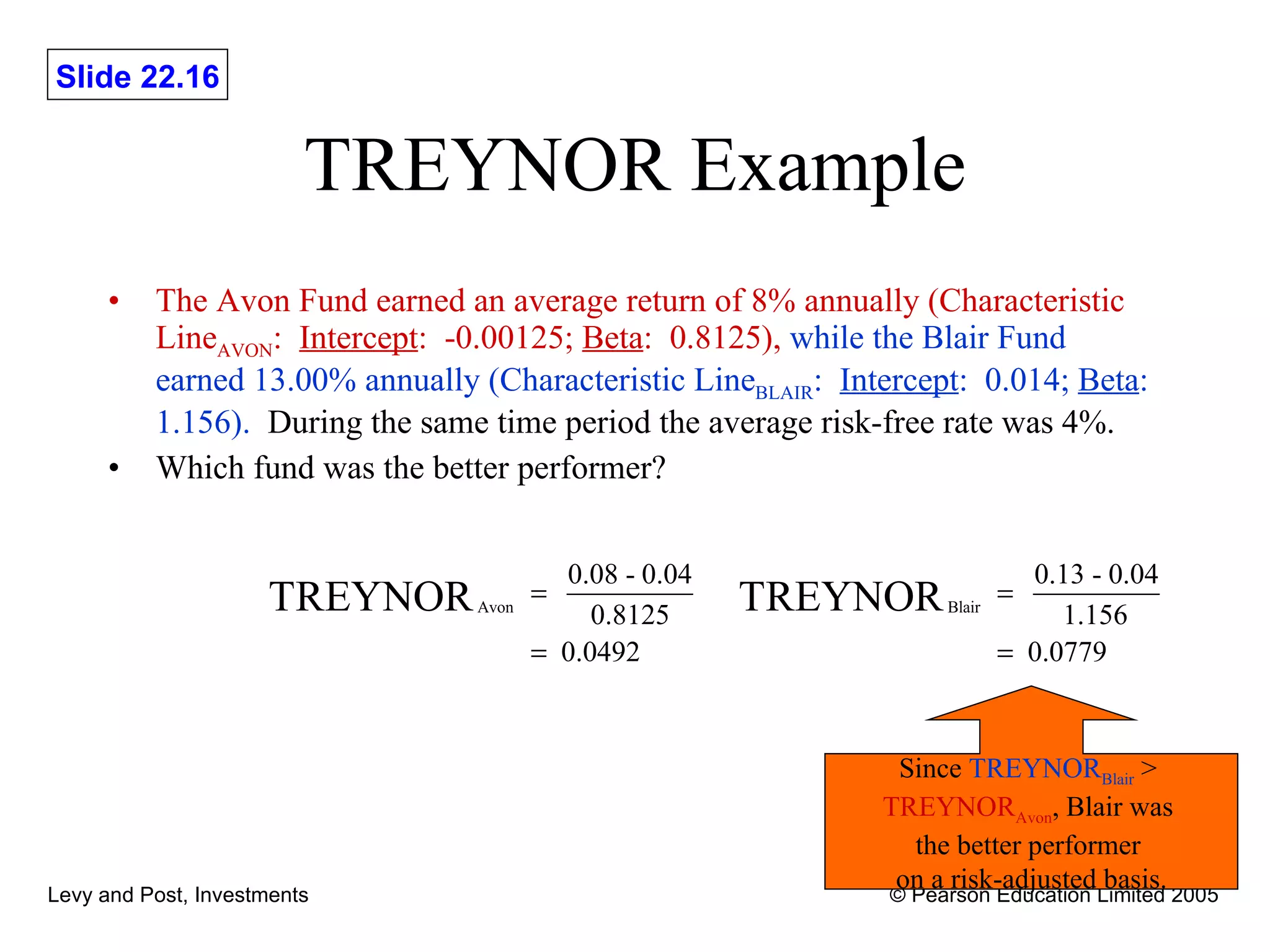 TREYNOR Example The Avon Fund earned an average return of 8% annually (Characteristic Line AVON :  Intercept :  -0.00125;  Beta :  0.8125),   while the Blair Fund earned 13.00% annually (Characteristic Line BLAIR :  Intercept :  0.014;  Beta :  1.156).   During the same time period the average risk-free rate was 4%.  Which fund was the better performer? Since  TREYNOR Blair  >  TREYNOR Avon , Blair was  the better performer  on a risk-adjusted basis. 