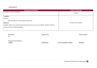 PrimeOne School Science Department | 12 |
ASSESSMENT
Assessment Activities Criteria of Scoring
Laboratory activities (attached)
attached
Cognitive
Exercise
ESQ from Physics A level textbook page 64-68
Behavior
Students’ behaviors are observed and merit/demerit point are given accordingly. Students’ behavior
journal will also be filled accordingly.
Provided at the textbook
Planned by, Approved by, Acknowledged
by,
Pratama Putra,S.Pd,M.A
Teacher Coordinator Vice of Academic Affairs Principal
 