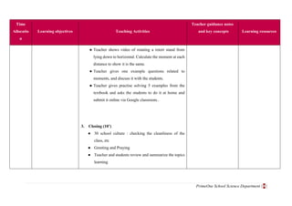 PrimeOne School Science Department | 8 |
Time
Allocatio
n
Learning objectives Teaching Activities
Teacher guidance notes
and key concepts Learning resources
● Teacher shows video of rotating a retort stand from
lying down to horizontal. Calculate the moment at each
distance to show it is the same.
● Teacher gives one example questions related to
moments, and discuss it with the students.
● Teacher gives practise solving 5 examples from the
textbook and asks the students to do it at home and
submit it online via Google classroom..
3. Closing (10’)
● 30 school culture : checking the cleanliness of the
class, etc
● Greeting and Praying
● Teacher and students review and summarize the topics
learning
 