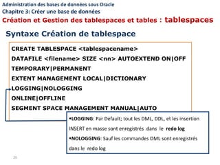 CREATE TABLESPACE <tablespacename>
DATAFILE <filename> SIZE <nn> AUTOEXTEND ON|OFF
TEMPORARY|PERMANENT
EXTENT MANAGEMENT LOCAL|DICTIONARY
LOGGING|NOLOGGING
ONLINE|OFFLINE
SEGMENT SPACE MANAGEMENT MANUAL|AUTO
26
LOGGING: Par Default; tout les DML, DDL, et les insertion
INSERT en masse sont enregistrés dans le redo log
NOLOGGING: Sauf les commandes DML sont enregistrés
dans le redo log
Syntaxe Création de tablespace
Administration des bases de données sous Oracle
Chapitre 3: Créer une base de données
Création et Gestion des tablespaces et tables : tablespaces
 