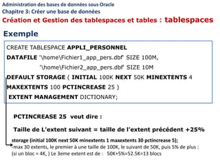 CREATE TABLESPACE APPLI_PERSONNEL
DATAFILE 'homeFichier1_app_pers.dbf‘ SIZE 100M,
'homeFichier2_app_pers.dbf‘ SIZE 10M
DEFAULT STORAGE ( INITIAL 100K NEXT 50K MINEXTENTS 4
MAXEXTENTS 100 PCTINCREASE 25 )
EXTENT MANAGEMENT DICTIONARY;
Exemple
Administration des bases de données sous Oracle
Chapitre 3: Créer une base de données
Création et Gestion des tablespaces et tables : tablespaces
PCTINCREASE 25 veut dire :
Taille de L’extent suivant = taille de l’extent précédent +25%
storage (initial 100K next 50K minextents 1 maxextents 30 pctincrease 5);
-max 30 extents, le premier à une taille de 100K, le suivant de 50K, puis 5% de plus :
(si un bloc = 4K, ) Le 3eme extent est de : 50K+5%=52.5K=13 blocs
 