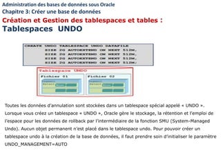 Toutes les données d’annulation sont stockées dans un tablespace spécial appelé « UNDO ».
Lorsque vous créez un tablespace « UNDO », Oracle gère le stockage, la rétention et l’emploi de
l’espace pour les données de rollback par l’intermédiaire de la fonction SMU (System-Managed
Undo). Aucun objet permanent n’est placé dans le tablespace undo. Pour pouvoir créer un
tablespace undo à la création de la base de données, il faut prendre soin d’initialiser le paramètre
UNDO_MANAGEMENT=AUTO
Administration des bases de données sous Oracle
Chapitre 3: Créer une base de données
Création et Gestion des tablespaces et tables :
Tablespaces UNDO
 