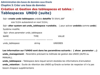 Sql> create undo tablespace undobis datafile ‘D:fich1.dbf’
size 512m autoextend on next 512m;
Sql> alter system set undo_tablespace =undobis; ( pour activer undobis comme undo)
Système modifié.
Sql> show parameter undo_tablespace
NAME TYPE VALUE
------------------------------------ ----------- -------
undo_tablespace string UNDOBIS
Les information sur l’UNDO sont dans les paramètres suivants : ( show parameter …)
undo_management : Paramètre précisant la méthode de gestion des UNDO (AUTO ou
MANUAL).
undo_tablespace : Tablespace dans lequel seront stockées les informations d'annulation
undo_retention : Durée de rétention des UNDO qu'Oracle va tenter de respecter s'il n'a pas
besoin d'espace supplémentaire
Administration des bases de données sous Oracle
Chapitre 3: Créer une base de données
Création et Gestion des tablespaces et tables :
Tablespaces UNDO (suite)
 