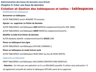 Modification des tablespaces
Renommer un tablespace
ALTER TABLESPACE ancien RENAME TO nouveau;
Ajouter ou supprimer un fic...