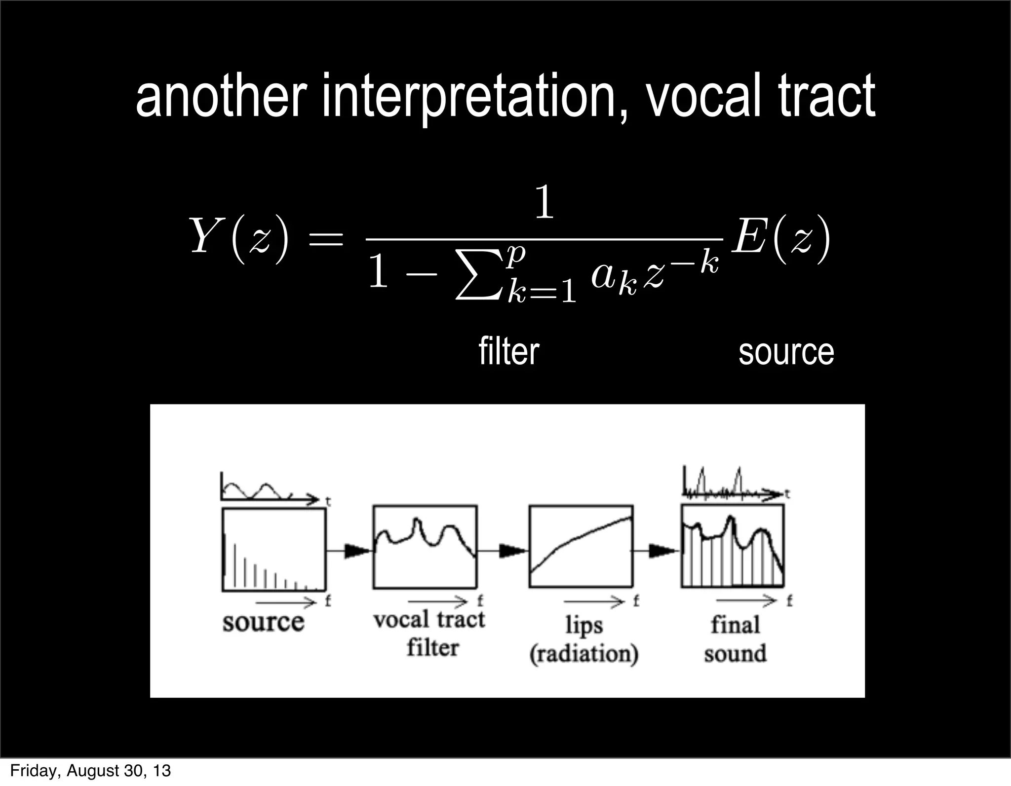another interpretation, vocal tract
sourcefilter
Y (z) =
1
1
Pp
k=1 akz k
E(z)
Friday, August 30, 13
 