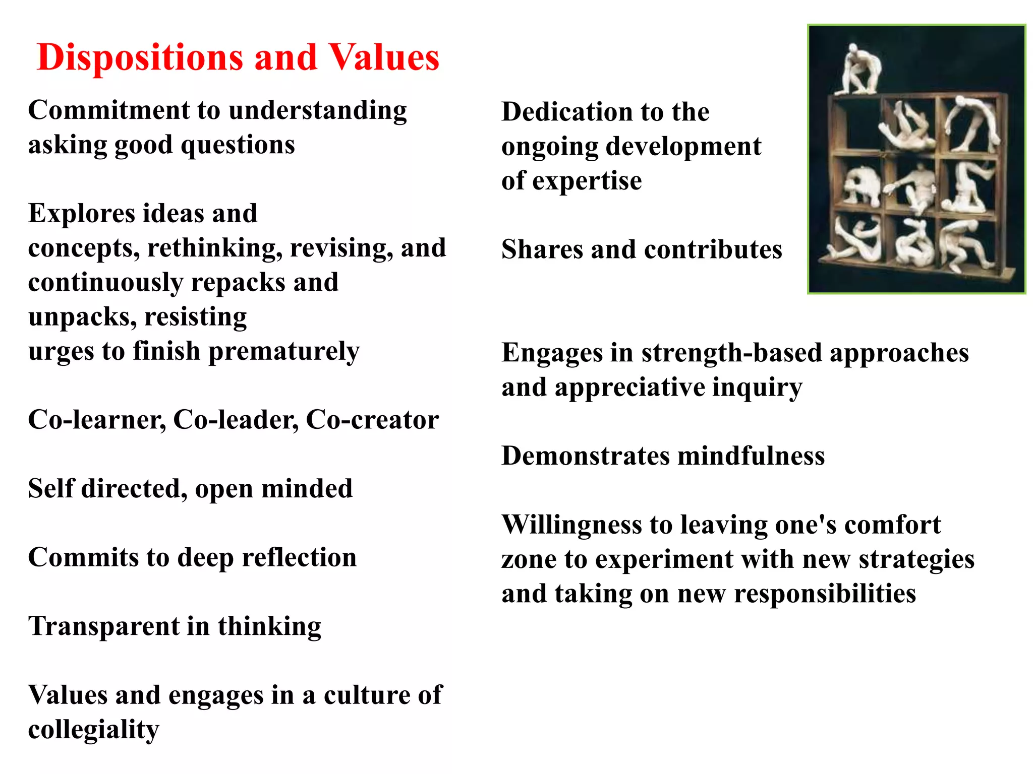 Dedication to the
ongoing development
of expertise
Shares and contributes
Engages in strength-based approaches
and appreciative inquiry
Demonstrates mindfulness
Willingness to leaving one's comfort
zone to experiment with new strategies
and taking on new responsibilities
Dispositions and Values
Commitment to understanding
asking good questions
Explores ideas and
concepts, rethinking, revising, and
continuously repacks and
unpacks, resisting
urges to finish prematurely
Co-learner, Co-leader, Co-creator
Self directed, open minded
Commits to deep reflection
Transparent in thinking
Values and engages in a culture of
collegiality
 