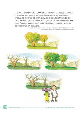 118 CADERNOS DE APOIO E APRENDIZAGEM · SMESP
[...] PARA REALIZAR CADA UMA DAS ATIVIDADES, AS PESSOAS DEVEM
CONHECER MUITO BEM A REGIÃO ONDE VIVEM: QUAIS SÃO AS
ÉPOCAS DE CHUVA E DE SECA; COMO É O COMPORTAMENTO DE
CADA ANIMAL; QUAL É A ÉPOCA EM QUE OS FRUTOS AMADURECEM;
QUAL É O MELHOR PERÍODO PARA PREPARAR, PLANTAR E COLHER
OS PRODUTOS DA ROÇA ETC.
POVOS INDÍGENAS NO BRASIL MIRIM (PIB MIRIM) DO INSTITUTO SOCIOAMBIENTAL
DISPONÍVEL EM: <HTTP://PIBMIRIM.SOCIOAMBIENTAL.ORG>.
CENTO E DEZOITO
Port1ºAnoParte2.indd 118Port1ºAnoParte2.indd 118 9/16/10 10:40 AM9/16/10 10:40 AM
 