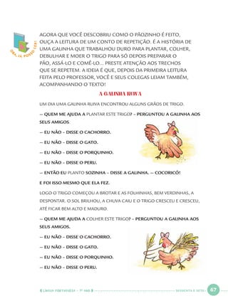 LÍNGUA PORTUGUESA · 1O
ANO 67
AGORA QUE VOCÊ DESCOBRIU COMO O PÃOZINHO É FEITO,
OUÇA A LEITURA DE UM CONTO DE REPETIÇÃO. É A HISTÓRIA DE
UMA GALINHA QUE TRABALHOU DURO PARA PLANTAR, COLHER,
DEBULHAR E MOER O TRIGO PARA SÓ DEPOIS PREPARAR O
PÃO, ASSÁ-LO E COMÊ-LO... PRESTE ATENÇÃO AOS TRECHOS
QUE SE REPETEM. A IDEIA É QUE, DEPOIS DA PRIMEIRA LEITURA
FEITA PELO PROFESSOR, VOCÊ E SEUS COLEGAS LEIAM TAMBÉM,
ACOMPANHANDO O TEXTO!
A GALINHA RUIVA
UM DIA UMA GALINHA RUIVA ENCONTROU ALGUNS GRÃOS DE TRIGO.
— QUEM ME AJUDA A PLANTAR ESTE TRIGO? – PERGUNTOU A GALINHA AOS
SEUS AMIGOS.
— EU NÃO – DISSE O CACHORRO.
— EU NÃO – DISSE O GATO.
— EU NÃO – DISSE O PORQUINHO.
— EU NÃO – DISSE O PERU.
— ENTÃO EU PLANTO SOZINHA – DISSE A GALINHA. — COCORICÓ!
E FOI ISSO MESMO QUE ELA FEZ.
LOGO O TRIGO COMEÇOU A BROTAR E AS FOLHINHAS, BEM VERDINHAS, A
DESPONTAR. O SOL BRILHOU, A CHUVA CAIU E O TRIGO CRESCEU E CRESCEU,
ATÉ FICAR BEM ALTO E MADURO.
— QUEM ME AJUDA A COLHER ESTE TRIGO? – PERGUNTOU A GALINHA AOS
SEUS AMIGOS.
— EU NÃO – DISSE O CACHORRO.
— EU NÃO – DISSE O GATO.
— EU NÃO – DISSE O PORQUINHO.
— EU NÃO – DISSE O PERU.
O
BA, JÁ POSS
O
LER!
SESSENTA E SETE
Port1ºAnoParte2.indd 67Port1ºAnoParte2.indd 67 9/16/10 10:38 AM9/16/10 10:38 AM
 