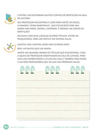 84 CADERNOS DE APOIO E APRENDIZAGEM · SMESP
E ENTÃO, ENCONTRARAM MUITOS CONTOS DE REPETIÇÃO NA SALA
DE LEITURA?
SEU PROFESSOR ENCONTROU E LERÁ PARA VOCÊS UM DELES,
CHAMADO “DONA BARATINHA”, QUE FOI ESCRITO POR ANA
MARIA MACHADO. DEPOIS, CONFIRME: É MESMO UM CONTO DE
REPETIÇÃO?
ESCOLHA COM SEUS COLEGAS OUTROS TÍTULOS, ENTRE OS
PESQUISADOS, PARA LER NESTA E EM OUTRAS AULAS.
GOSTOU DOS CONTOS LIDOS NOS ÚLTIMOS DIAS?
BEM, HÁ MUITO QUE LER AINDA...
ANOTE NO QUADRO ABAIXO OS TÍTULOS QUE ENCONTROU, COM
A AJUDA DO PROFESSOR ORIENTADOR DA SALA DE LEITURA, PARA
LEVÁ-LOS EMPRESTADOS E LÊ-LOS EM CASA E TAMBÉM PARA PEDIR
A UM DOS PROFESSORES QUE OS LEIA NAS PRÓXIMAS AULAS.
O
BA, JÁ POSS
O
LER!
COM
O
É BOM E S
CREVER!
OITENTA E QUATRO
Port1ºAnoParte2.indd 84Port1ºAnoParte2.indd 84 9/16/10 10:38 AM9/16/10 10:38 AM
 