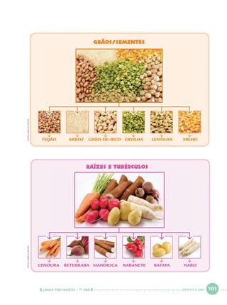 LÍNGUA PORTUGUESA · 1O
ANO 101
RAÍZES E TUBÉRCULOS
GRÃOS/sementes
FEIJÃO ARROZ GRÃO-DE-BICO ERVILHA LENTILHA MILHO
CENOURA BETERRABA MANDIOCA RABANETE BATATA NABO
FOTOS:MARCIOMAITANFOTOS:MARCIOMAITAN
CENTO E UM
Port1ºAnoParte2.indd 101Port1ºAnoParte2.indd 101 9/16/10 10:39 AM9/16/10 10:39 AM
 