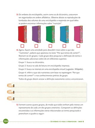 124 CADERNOS DE APOIO E APRENDIZAGEM · SMESP
3. Os verbetes de enciclopédia, assim como os de dicionário, costumam
ser organizados em ordem alfabética. Observe abaixo as reproduções de
lombadas dos volumes de uma enciclopédia e responda em qual deles
se podem encontrar informações sobre “nutrição”.
4. Agora, façam uma atividade para descobrir mais sobre o que são
“nutrientes”, palavra que apareceu no texto “Por que temos de comer?”.
Reúnam-se em grupos. Cada grupo deve pesquisar a deﬁnição do termo e
informações adicionais sobre ele em diferentes suportes:
Grupo 1: busca no dicionário.
Grupo 2: busca na sala de leitura em enciclopédia impressa.
Grupo 3: busca na internet em uma enciclopédia virtual (sugestão: Wikipédia).
Grupo 4: inferir o que são nutrientes com base na reportagem “Por que
temos de comer?” e nos conhecimentos prévios do grupo.
Todos do grupo devem anotar a deﬁnição exatamente como a encontraram.
5. Formem outros quatro grupos, de modo que todos tenham pelo menos um
representante de cada um dos grupos anteriores. Comparem as deﬁnições
encontradas e as informações extras relacionadas ao termo pesquisado e
preencham o quadro a seguir:
Port4ºAnoParte2.indd 124Port4ºAnoParte2.indd 124 9/16/10 11:40 AM9/16/10 11:40 AM
 
