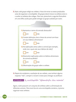 136 CADERNOS DE APOIO E APRENDIZAGEM · SMESP
2. Após cada grupo redigir seu verbete, é hora de revisar os textos produzidos
antes de organizar a enciclopédia. Os grupos devem trocar os verbetes entre si
e avaliar os verbetes dos colegas. Para isso, preencham o seguinte formulário
em uma folha avulsa para poder entregar ao grupo avaliado por vocês:
1) Apresenta o termo de entrada destacado?
sim não
2) Contém deﬁnição clara e breve do animal com base
em seus hábitos alimentares?
sim não
3) Há explicações extras sobre o animal (por exemplo,
onde vive e quais são seus hábitos de vida)?
sim não
4) Desenvolve explicações sobre os hábitos alimentares
do animal escolhido?
sim não
5) Observações do grupo sobre o verbete.
3. Depois de receberem a avaliação de seu verbete, caso tenham alguma
resposta “não”, corrijam e revisem o texto para entregar ao professor.
ATIVIDADE 8 A enciclopédia “Alimentação dos animais”
Agora, vocês possuem um conjunto de verbetes sobre a alimentação de
diferentes animais. Para reuni-los em uma enciclopédia temática, é preciso
organizar esses verbetes.
Port4ºAnoParte2.indd 136Port4ºAnoParte2.indd 136 9/16/10 11:41 AM9/16/10 11:41 AM
 