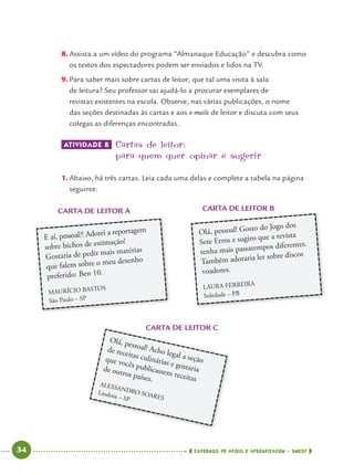 34 CADERNOS DE APOIO E APRENDIZAGEM · SMESP
8. Assista a um vídeo do programa “Almanaque Educação” e descubra como
os textos dos espectadores podem ser enviados e lidos na TV.
9. Para saber mais sobre cartas de leitor, que tal uma visita à sala
de leitura? Seu professor vai ajudá-lo a procurar exemplares de
revistas existentes na escola. Observe, nas várias publicações, o nome
das seções destinadas às cartas e aos e-mails de leitor e discuta com seus
colegas as diferenças encontradas.
ATIVIDADE 8 Cartas de leitor:
para quem quer opinar e sugerir
1. Abaixo, há três cartas. Leia cada uma delas e complete a tabela na página
seguinte:
E aí, pessoal?! Adorei a reportagem
sobre bichos de estimação!
Gostaria de pedir mais matérias
que falem sobre o meu desenho
preferido: Ben 10.
MAURÍCIO BASTOS
São Paulo – SP
CARTA DE LEITOR A CARTA DE LEITOR BCARTA DE LEITOR B
Olá, pessoal! Gosto do Jogo dos
Sete Erros e sugiro que a revista
tenha mais passatempos diferentes.
Também adoraria ler sobre discos
voadores.
LAURA FERREIRA
Soledade – PB
CARTA DE LEITOR CCARTA DE LEITOR C
Olá, pessoal! Acho legal a seção
de receitas culinárias e gostaria
que vocês publicassem receitas
de outros países.
ALESSANDRO SOARES
Lindoia – SP
Port4ºAno.indd 34Port4ºAno.indd 34 9/16/10 11:30 AM9/16/10 11:30 AM
 