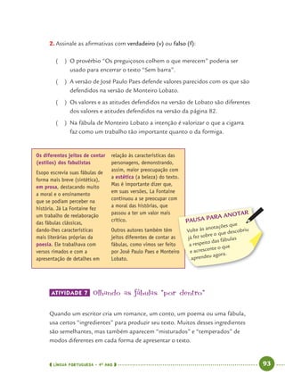 LÍNGUA PORTUGUESA · 4O
ANO 93
ATIVIDADE 7 Olhando as fábulas “por dentro”
Quando um escritor cria um romance, um conto, um poema ou uma fábula,
usa certos “ingredientes” para produzir seu texto. Muitos desses ingredientes
são semelhantes, mas também aparecem “misturados” e “temperados” de
modos diferentes em cada forma de apresentar o texto.
Os diferentes jeitos de contar
(estilos) dos fabulistas
Esopo escrevia suas fábulas de
forma mais breve (sintética),
em prosa, destacando muito
a moral e o ensinamento
que se podiam perceber na
história. Já La Fontaine fez
um trabalho de reelaboração
das fábulas clássicas,
dando-lhes características
mais literárias próprias da
poesia. Ele trabalhava com
versos rimados e com a
apresentação de detalhes em
relação às características das
personagens, demonstrando,
assim, maior preocupação com
a estética (a beleza) do texto.
Mas é importante dizer que,
em suas versões, La Fontaine
continuou a se preocupar com
a moral das histórias, que
passou a ter um valor mais
crítico.
Outros autores também têm
jeitos diferentes de contar as
fábulas, como vimos ser feito
por José Paulo Paes e Monteiro
Lobato.
ro
PAUSA PARA ANOTAR
Volte às anotações que
já fez sobre o que descobriu
a respeito das fábulas
e acrescente o que
aprendeu agora.
2. Assinale as aﬁrmativas com verdadeiro (v) ou falso (f):
( ) O provérbio “Os preguiçosos colhem o que merecem” poderia ser
usado para encerrar o texto “Sem barra”.
( ) A versão de José Paulo Paes defende valores parecidos com os que são
defendidos na versão de Monteiro Lobato.
( ) Os valores e as atitudes defendidos na versão de Lobato são diferentes
dos valores e atitudes defendidos na versão da página 82.
( ) Na fábula de Monteiro Lobato a intenção é valorizar o que a cigarra
faz como um trabalho tão importante quanto o da formiga.
Port4ºAno.indd 93Port4ºAno.indd 93 9/16/10 11:30 AM9/16/10 11:30 AM
 