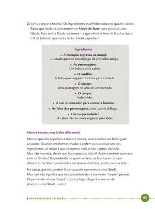 LÍNGUA PORTUGUESA · 4O
ANO 97
2. Vamos seguir a receita! Os ingredientes escolhidos estão no quadro abaixo.
Basta que vocês se concentrem no Modo de fazer para produzir uma
fábula. Esta será a fábula da turma – a que abrirá o livro de fábulas (ou o
CD de fábulas) que vocês farão. Então caprichem!
Ingredientes
● A intenção expressa na moral:
Cuidado quando um inimigo dá conselho amigo!
● As personagens:
Um lobo e uma cabra.
● O conﬂito:
O lobo quer enganar a cabra para comê-la.
● O espaço:
Uma pastagem no alto de um rochedo.
● O tempo:
Indeﬁnido.
● A voz do narrador para contar a história
● As falas das personagens, com uso de diálogo.
● Fim surpreendente:
A cabra não se deixa enganar pelo lobo.
Mesma receita, mas bolos diferentes!
Mesmo quando seguimos a mesma receita, nunca temos um bolo igual
ao outro. Quando resolvemos mudar a ordem ou substituir um dos
ingredientes, aí então é que alteramos mais ainda o gosto do bolo.
Mas não importa, desde que ﬁque gostoso, não é? Assim também acontece
com as fábulas! Dependendo de quem escreve, as fábulas se tornam
diferentes. Se forem produzidas em épocas distintas, então, nem se fala...
Há coisas que não podem faltar quando escrevemos uma fábula.
Mas isso não signiﬁca que não possamos dar a ela nosso “toque” pessoal.
Vá pensando no seu “toque”, porque logo chegará a sua vez de
produzir uma fábula, certo?
Port4ºAno.indd 97Port4ºAno.indd 97 9/16/10 11:30 AM9/16/10 11:30 AM
 