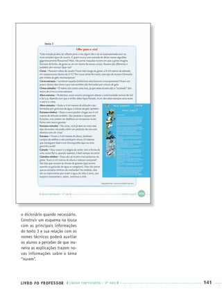 LIVRO DO PROFESSOR LÍNGUA PORTUGUESA · 3O
ANO 141
o dicionário quando necessário.
Construir um esquema na lousa
com as principais informações
do texto 3 e sua relação com os
nomes técnicos poderá auxiliar
os alunos a perceber de que ma-
neira as explicações trazem no-
vas informações sobre o tema
“nuvem”.
Port3ºAnoParte2PROF.indd 141Port3ºAnoParte2PROF.indd 141 9/16/10 11:16 AM9/16/10 11:16 AM
 