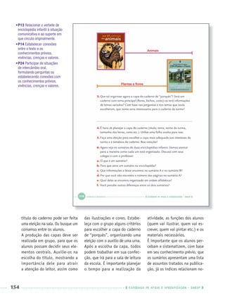 154 CADERNOS DE APOIO E APRENDIZAGEM · SMESP
título do caderno pode ser feita
uma eleição na sala. Ou busque um
consenso entre os alunos.
A produção das capas deve ser
realizada em grupo, para que os
alunos possam decidir seus ele-
mentos centrais. Auxilie-os na
escolha do título, mostrando a
importância dele para atrair
a atenção do leitor, assim como
das ilustrações e cores. Estabe-
leça com o grupo alguns critérios
para escolher a capa do caderno
de “porquês”, organizando uma
eleição com o auxílio de uma urna.
Após a escolha da capa, todos
podem trabalhar em sua confec-
ção, que irá para a sala de leitura
da escola. É importante planejar
o tempo para a realização da
atividade, as funções dos alunos
(quem vai ilustrar, quem vai es-
crever, quem vai pintar etc.) e os
materiais necessários.
É importante que os alunos per-
cebam e sistematizem, com base
em seu conhecimento prévio, que
os sumários apresentam uma lista
de assuntos tratados na publica-
ção, já os índices relacionam no-
•P13 Relacionar o verbete de
enciclopédia infantil à situação
comunicativa e ao suporte em
que circula originalmente.
•P14 Estabelecer conexões
entre o texto e os
conhecimentos prévios,
vivências, crenças e valores.
•P24 Participar de situações
de intercâmbio oral,
formulando perguntas ou
estabelecendo conexões com
os conhecimentos prévios,
vivências, crenças e valores.
Animais
Plantas e ﬂores
Port3ºAnoParte2PROF.indd 154Port3ºAnoParte2PROF.indd 154 9/16/10 11:16 AM9/16/10 11:16 AM
 