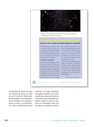 162 CADERNOS DE APOIO E APRENDIZAGEM · SMESP
A ﬁnalidade da leitura do poe-
ma “Receita de dançar no meio
do céu” é motivar a observação,
aqui entendida como procedimen-
to de considerar com atenção as
coisas, os seres, os acontecimen-
tos. O texto “Estrelas que contam
histórias”, da revista infantil de
divulgação cientíﬁca, traz infor-
mações que comprovam possíveis
resultados de uma observação cui-
dadosa. Auxilie os alunos a des-
tacar as informações novas com
um lápis ou marcador de texto.
Port3ºAnoParte2PROF.indd 162Port3ºAnoParte2PROF.indd 162 9/16/10 11:17 AM9/16/10 11:17 AM
 