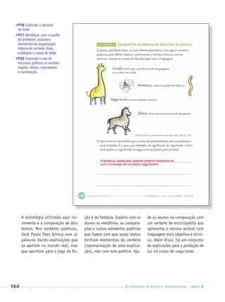 164 CADERNOS DE APOIO E APRENDIZAGEM · SMESP
A estratégia utilizada aqui no-
vamente é a comparação de dois
textos. Nos verbetes poéticos,
José Paulo Paes brinca com as
palavras dando explicações que
se apoiam no mundo real, mas
que apontam para o jogo da ﬁc-
ção e da fantasia. Explore com os
alunos as metáforas, as compara-
ções e outros elementos poéticos
que fazem com que esses textos
tenham elementos do verbete
(representação de uma explica-
ção), mas com tom poético. Aju-
de os alunos na comparação com
um verbete de enciclopédia que
apresenta o mesmo animal com
linguagem mais objetiva e técni-
ca. Além disso, há um conjunto
de explicações para a produção de
luz no corpo do vaga-lume.
•P16 Explicitar o assunto
do texto.
•P21 Identiﬁcar, com o auxílio
do professor, possíveis
elementos da organização
interna do verbete: título,
subtítulos e corpo do texto.
•P22 Examinar o uso de
recursos gráﬁcos no verbete:
negrito, itálico, marcadores
e numeração.
A lanterna usada pelo guarda-noturno relaciona-se
com a emissão de luz pelos vaga-lumes.
Port3ºAnoParte2PROF.indd 164Port3ºAnoParte2PROF.indd 164 9/16/10 11:17 AM9/16/10 11:17 AM
 